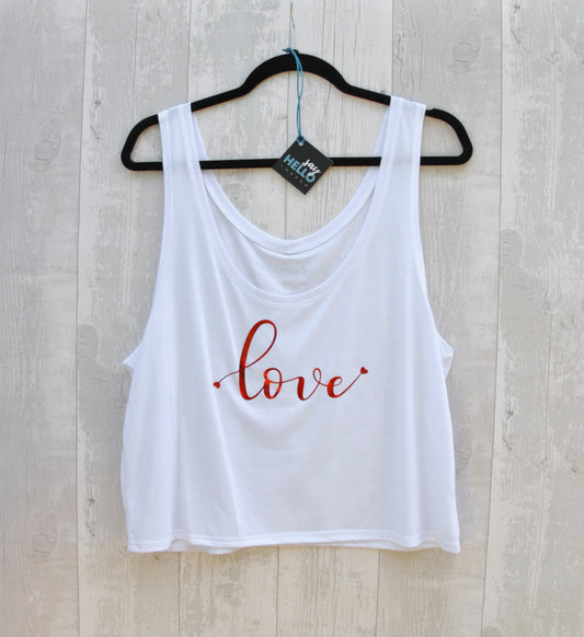 LOVE. Cropped flowy top. Women's summer white top. Red metallic print . Boxy silhouette. Relaxed shape. Slouchy tank. Cropped shape.