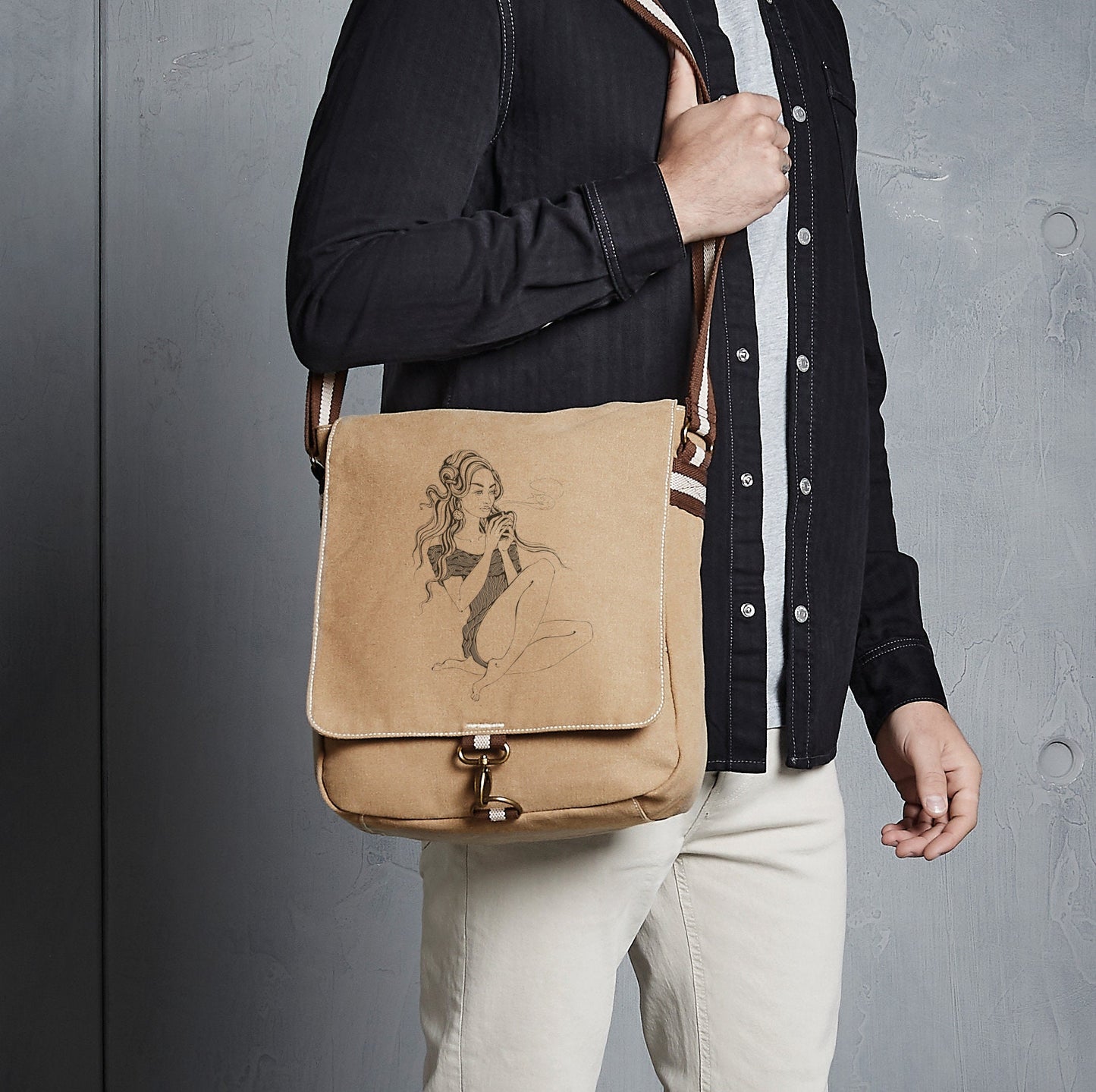 GIRL WITH COFFEE Canvas Bag. Vintage Style Bag. Canvas Messenger